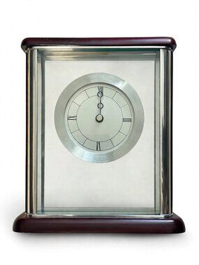 Carriage Clock Mantel Desk Clock - Burgundy Wood & Silver Chrome 6.5" Tall